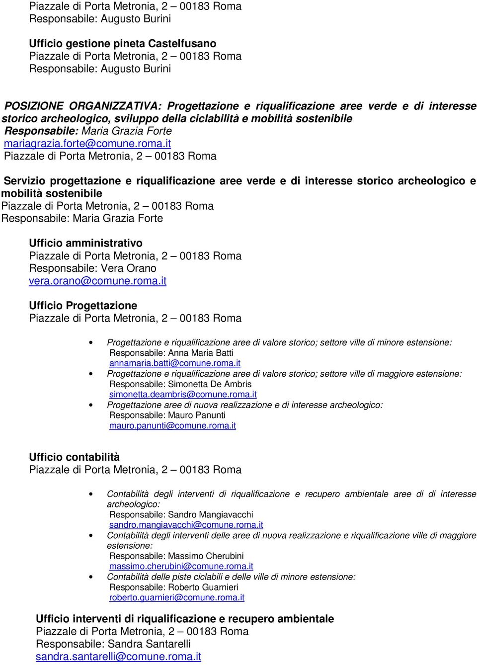 it Servizio progettazione e riqualificazione aree verde e di interesse storico archeologico e mobilità sostenibile Responsabile: Maria Grazia Forte Ufficio amministrativo Responsabile: Vera Orano