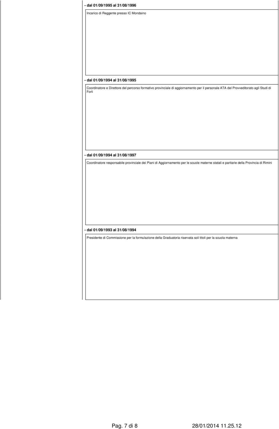 responsabile provinciale dei Piani di Aggiornamento per le scuole materne statali e paritarie della Provincia di Rimini - dal 01/09/1993 al