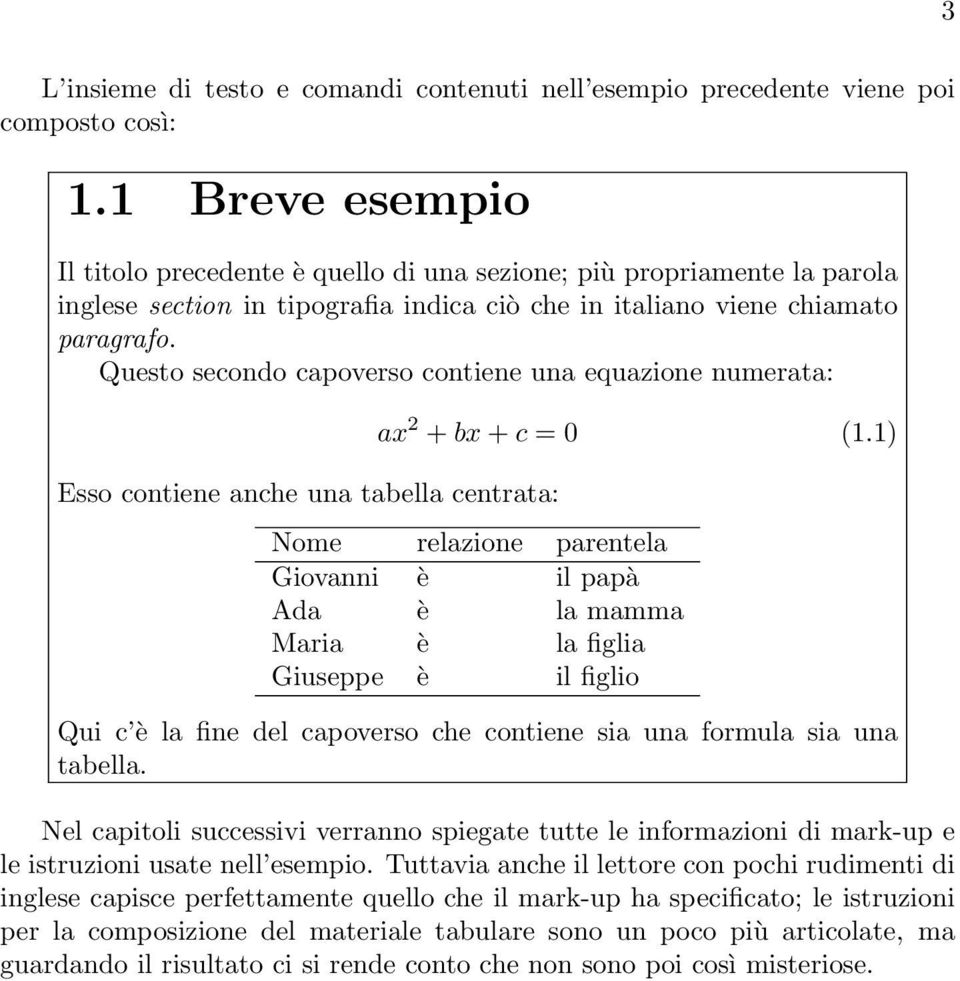 Questo secondo capoverso contiene una equazione numerata: Esso contiene anche una tabella centrata: ax 2 + bx + c = 0 (1.