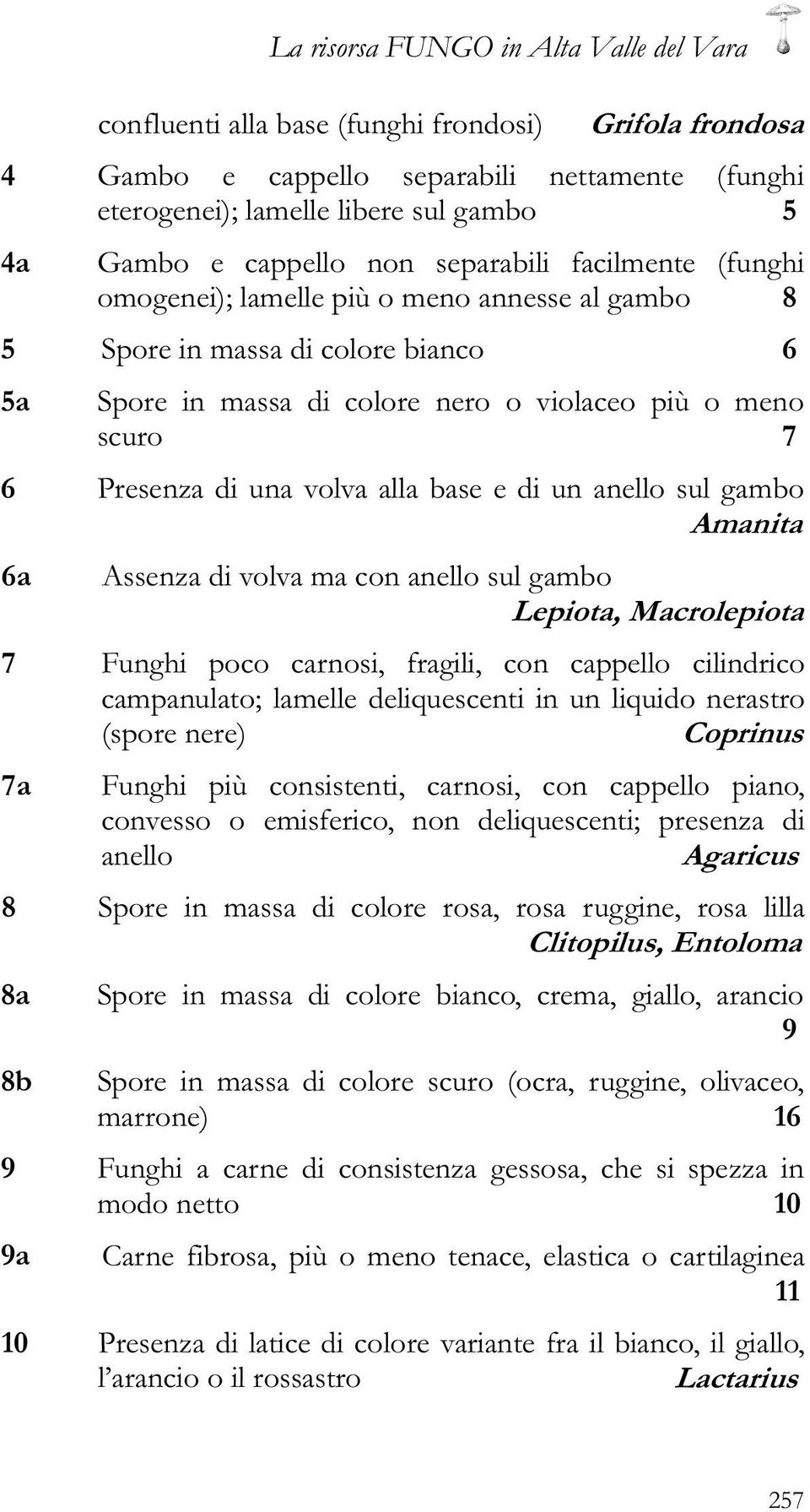 sul gambo Amanita 6a Assenza di volva ma con anello sul gambo Lepiota, Macrolepiota 7 Funghi poco carnosi, fragili, con cappello cilindrico campanulato; lamelle deliquescenti in un liquido nerastro