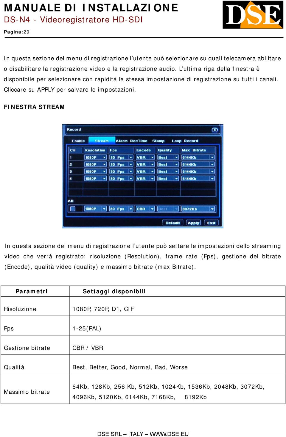 FINESTRA STREAM In questa sezione del menu di registrazione l utente può settare le impostazioni dello streaming video che verrà registrato: risoluzione (Resolution), frame rate (Fps), gestione del