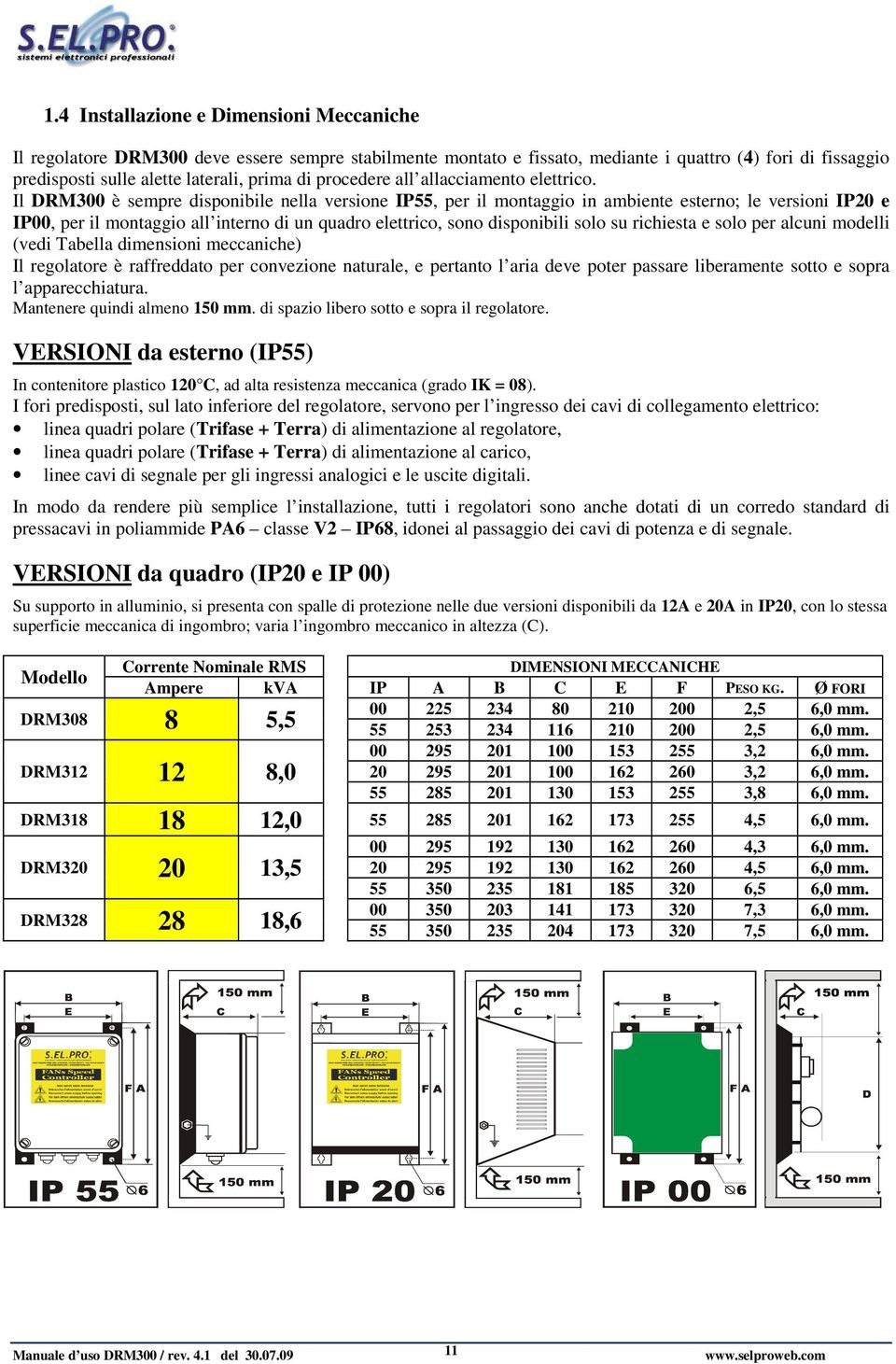 Il DRM300 è sempre disponibile nella versione IP55, per il montaggio in ambiente esterno; le versioni IP20 e IP00, per il montaggio all interno di un quadro elettrico, sono disponibili solo su