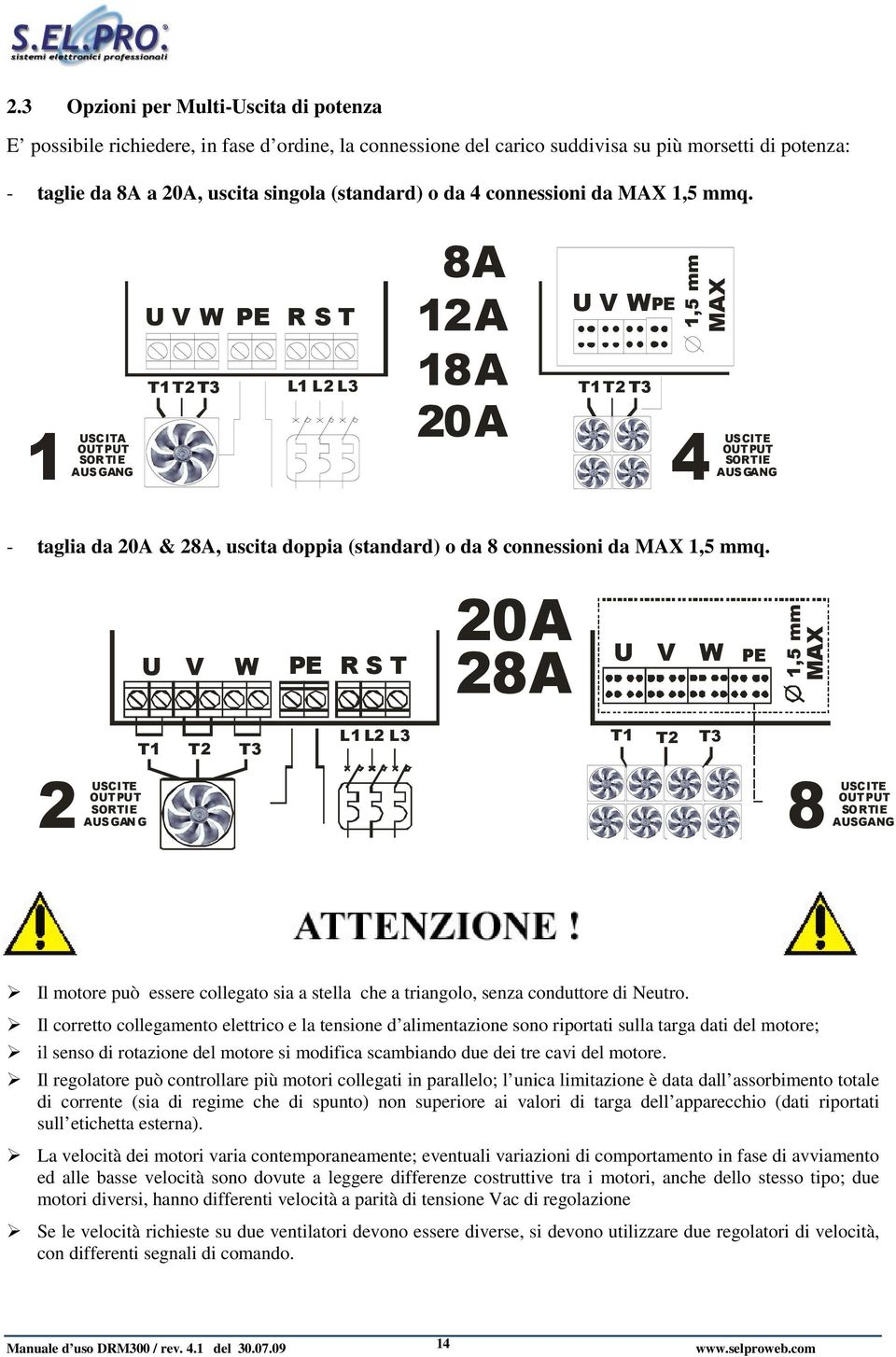 1 USCITA OUTPUT SORTIE AUSGANG U V W T1T2T3T3 PE R S T L1 L2 L3 8A 12A 18A 20A U V WPE T1T2 T3 1,5 mm MAX 4 USCITE OUTPUT SORTIE AUSGANG - taglia da 20A & 28A, uscita doppia (standard) o da 8