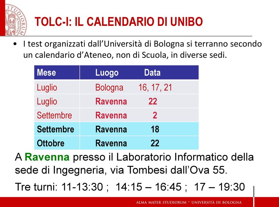 Mese Luogo Data Luglio Bologna 16, 17, 21 Luglio Ravenna 22 Settembre Ravenna 2 Settembre Ravenna 18