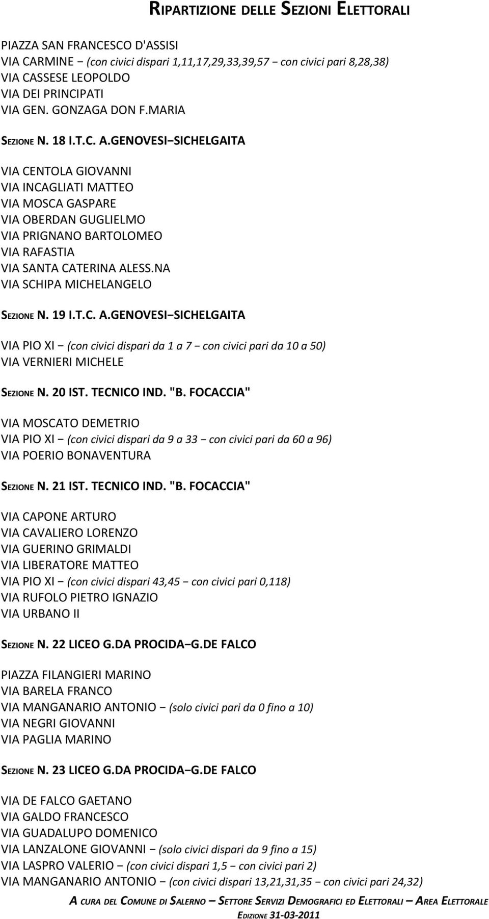 NA VIA SCHIPA MICHELANGELO SEZIONE N. 19 I.T.C. A.GENOVESI SICHELGAITA VIA PIO XI (con civici dispari da 1 a 7 con civici pari da 10 a 50) VIA VERNIERI MICHELE SEZIONE N. 20 IST. TECNICO IND. "B.