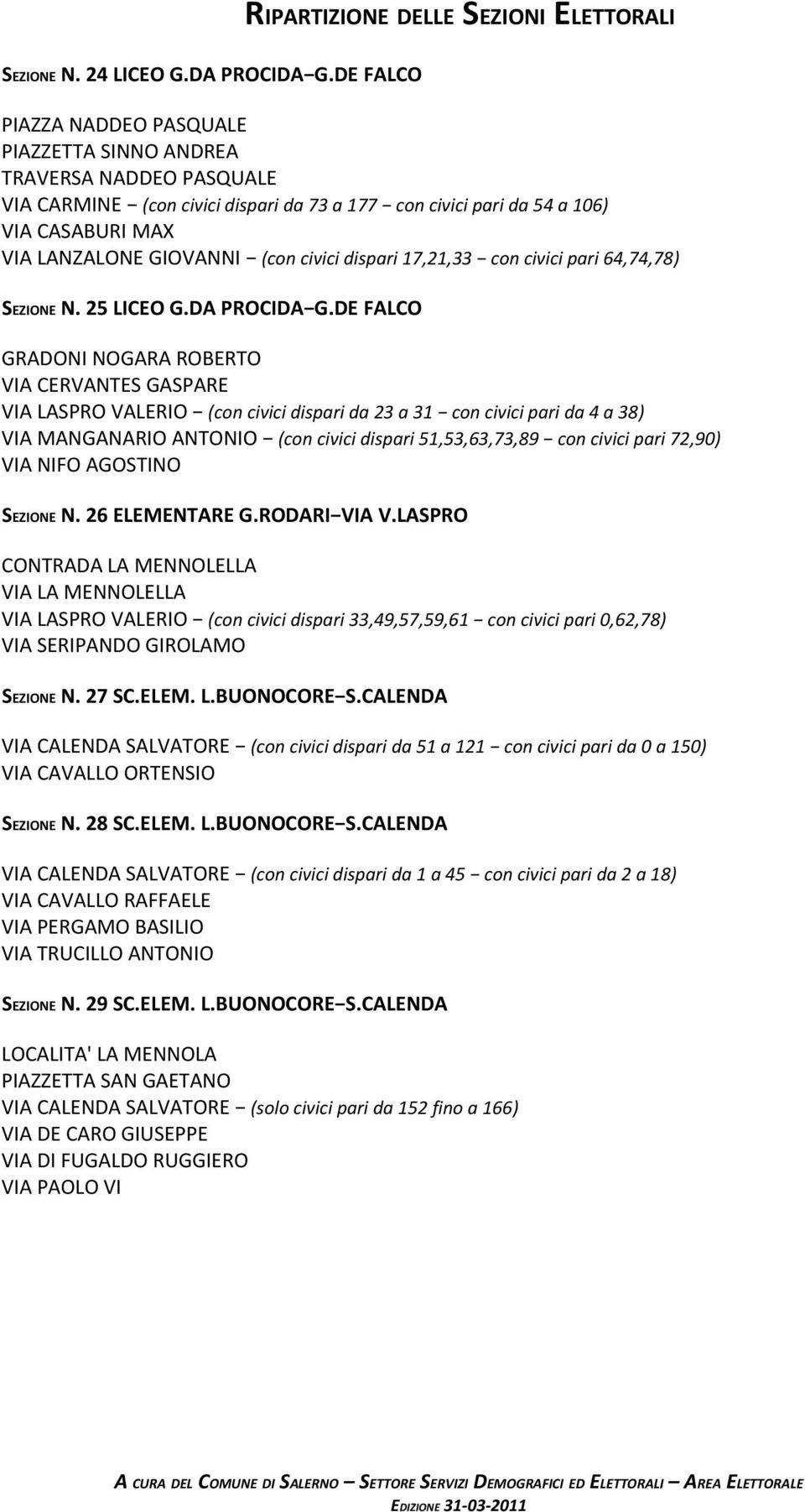 CASABURI MAX VIA LANZALONE GIOVANNI (con civici dispari 17,21,33 con civici pari 64,74,78) SEZIONE N. 25 LICEO G.DA PROCIDA G.