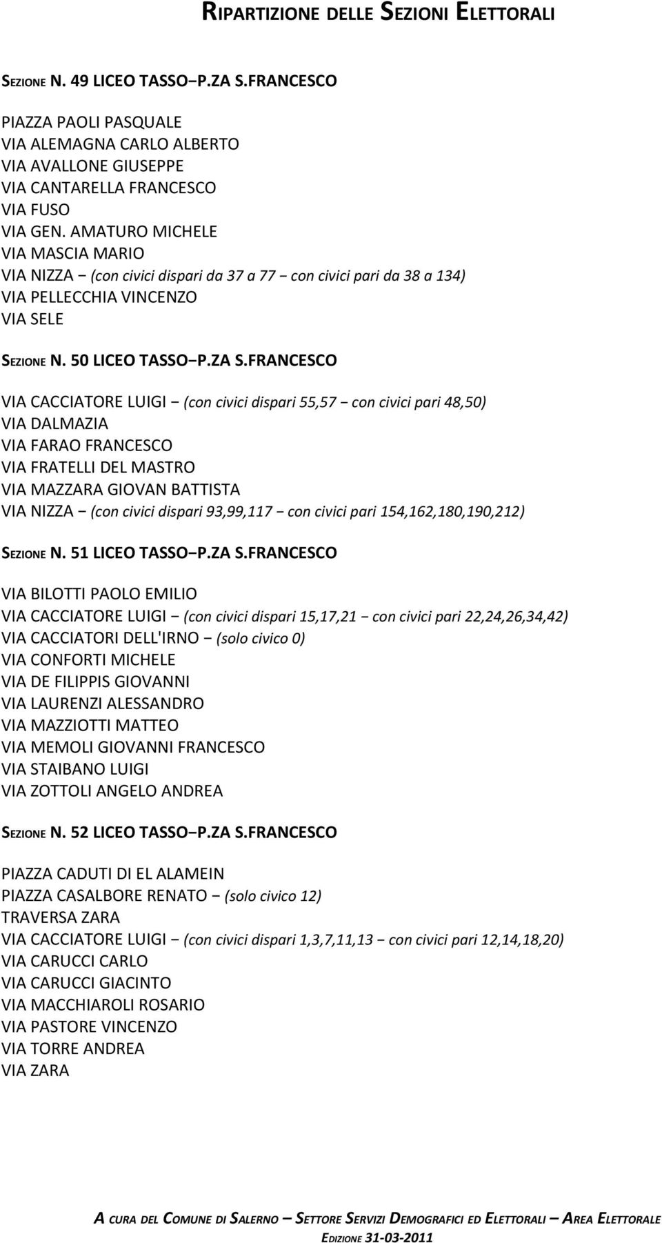 FRANCESCO VIA CACCIATORE LUIGI (con civici dispari 55,57 con civici pari 48,50) VIA DALMAZIA VIA FARAO FRANCESCO VIA FRATELLI DEL MASTRO VIA MAZZARA GIOVAN BATTISTA VIA NIZZA (con civici dispari