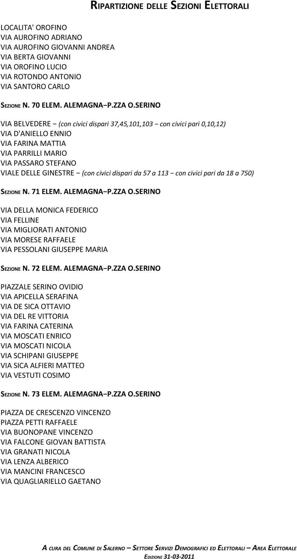 VIALE DELLE GINESTRE (con civici dispari da 57 a 113 con civici pari da 18 a 750) SEZIONE N. 71 ELEM. ALEMAGNA P.ZZA O.