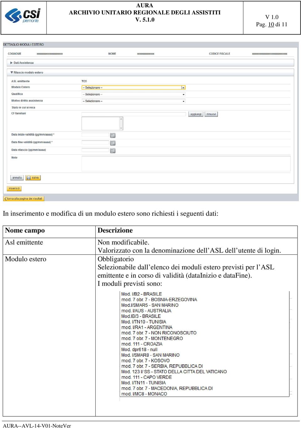 Valorizzato con la denominazione dell ASL dell utente di login.