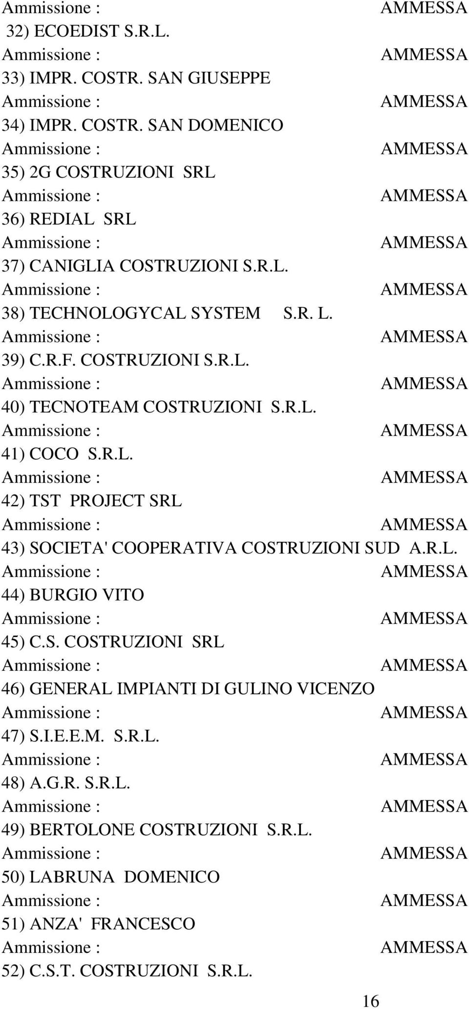 R.L. 44) BURGIO VITO 45) C.S. COSTRUZIONI SRL 46) GENERAL IMPIANTI DI GULINO VICENZO 47) S.I.E.E.M. S.R.L. 48) A.G.R. S.R.L. 49) BERTOLONE COSTRUZIONI S.