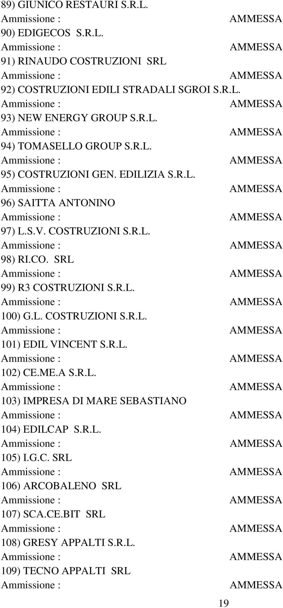 R.L. 100) G.L. COSTRUZIONI S.R.L. 101) EDIL VINCENT S.R.L. 102) CE.ME.A S.R.L. 103) IMPRESA DI MARE SEBASTIANO 104) EDILCAP S.R.L. 105) I.