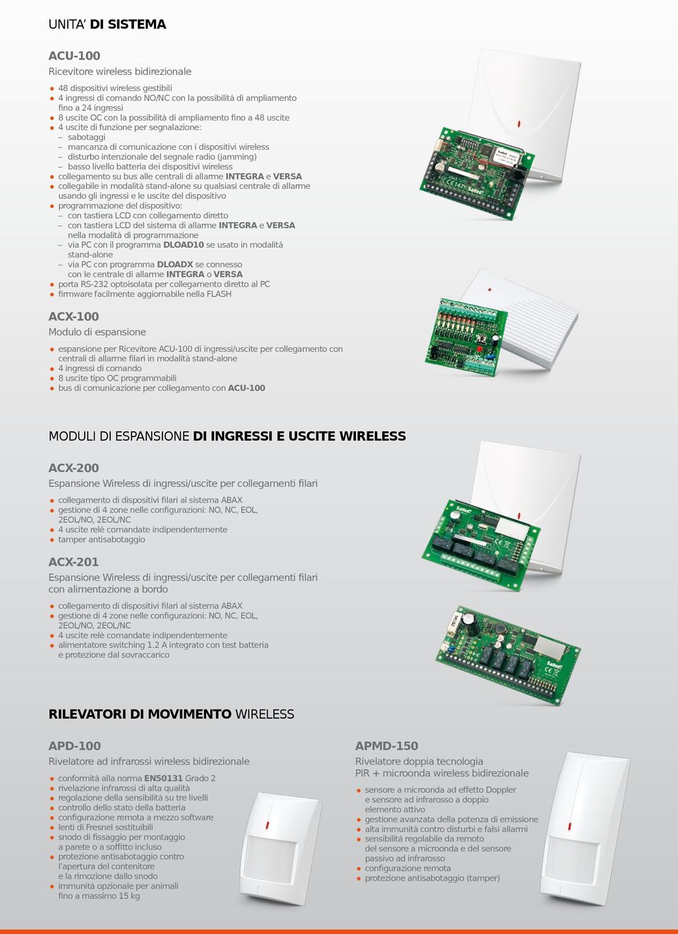 basso livello batteria dei dispositivi wireless collegamento su bus alle centrali di allarme INTEGRA e VERSA collegabile in modalità stand-alone su qualsiasi centrale di allarme usando gli ingressi e