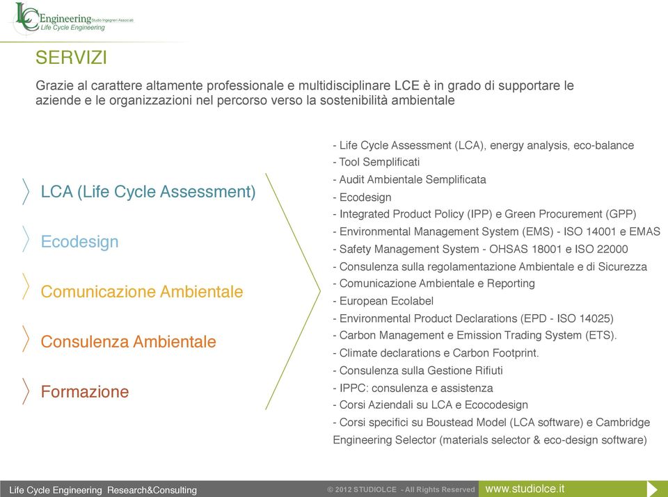 Ecodesign - Integrated Product Policy (IPP) e Green Procurement (GPP) - Environmental Management System (EMS) - ISO 14001 e EMAS - Safety Management System - OHSAS 18001 e ISO 22000 - Consulenza