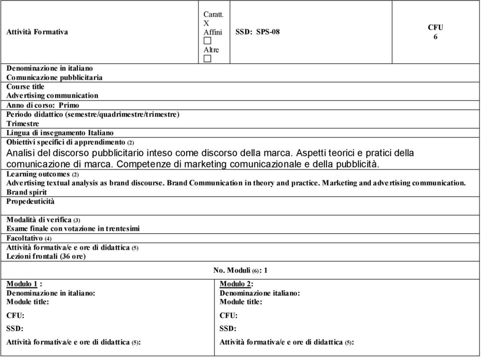 Lingua di insegnamento Italiano Obiettivi specifici di apprendimento (2) Analisi del discorso pubblicitario inteso come discorso della marca. Aspetti teorici e pratici della comunicazione di marca.