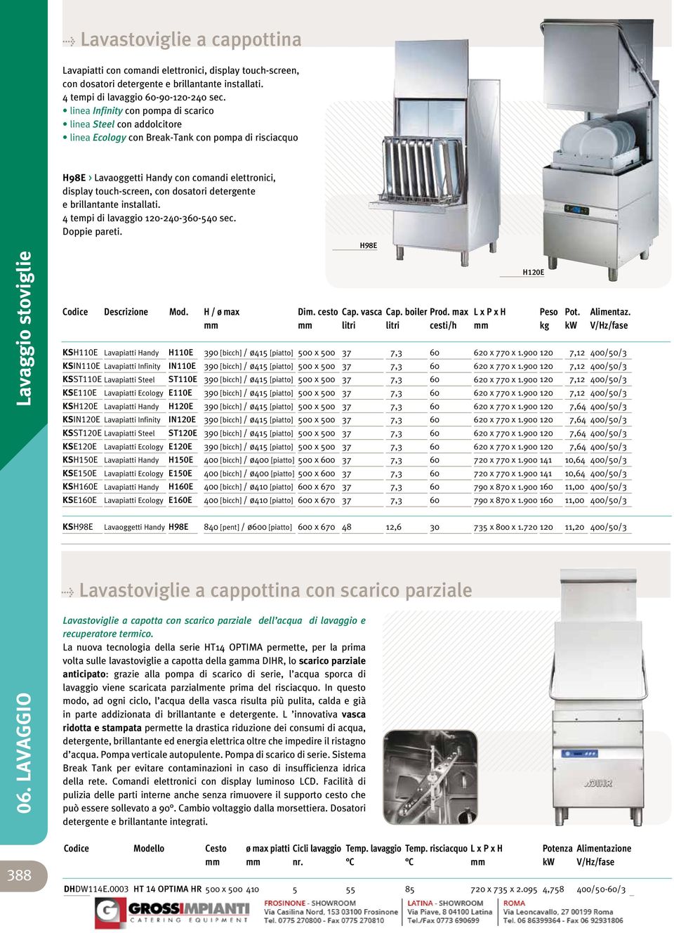 dosatori detergente e brillantante installati. 4 tempi di lavaggio 120-2-360-5 sec. Doppie pareti. H98E 06.