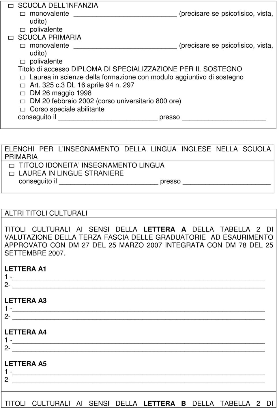 297 DM 26 maggio 1998 DM 20 febbraio 2002 (corso universitario 800 ore) Corso speciale abilitante conseguito il presso ELENCHI PER L INSEGNAMENTO DELLA LINGUA INGLESE NELLA SCUOLA PRIMARIA TITOLO