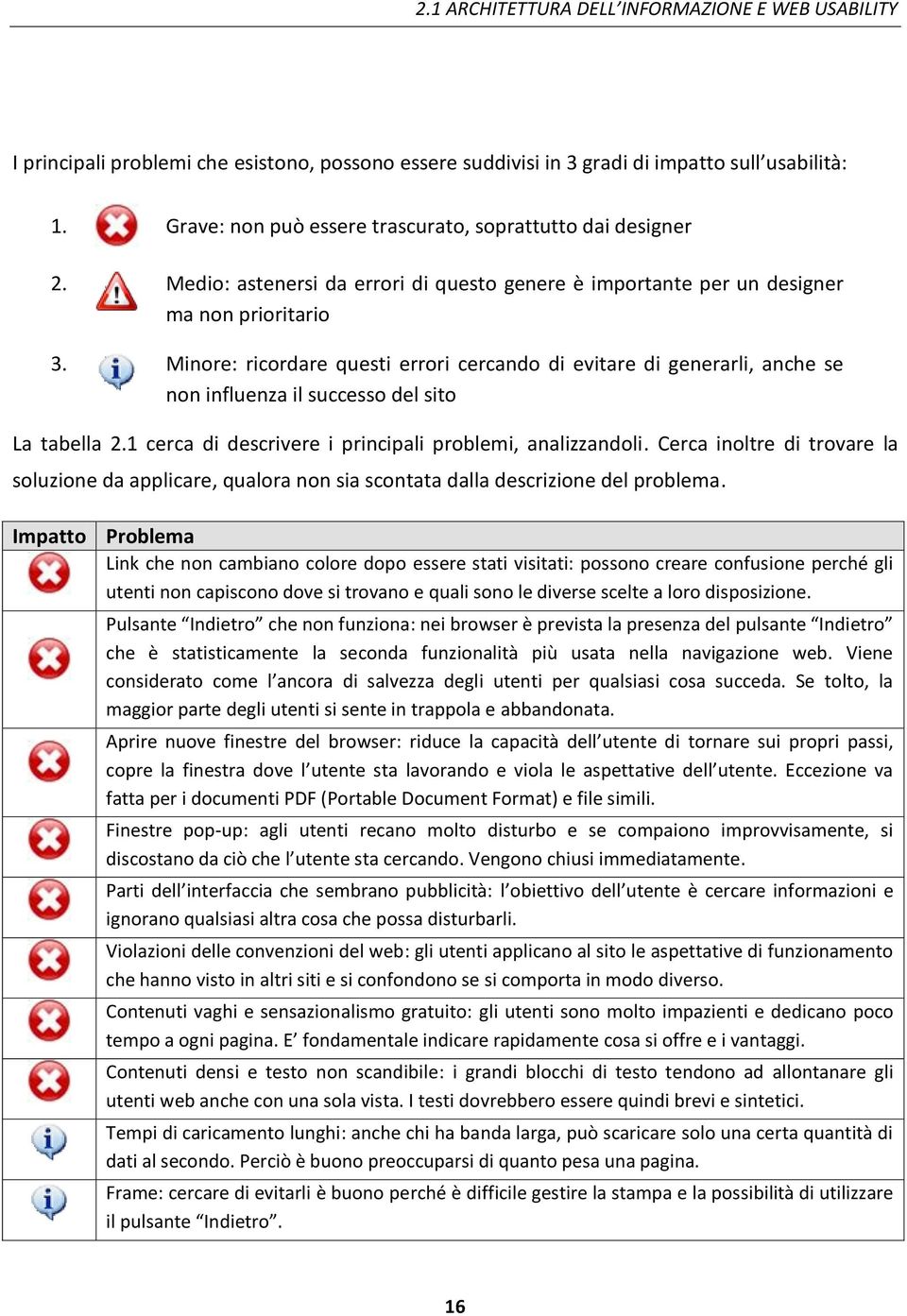 Minore: ricordare questi errori cercando di evitare di generarli, anche se non influenza il successo del sito La tabella 2.1 cerca di descrivere i principali problemi, analizzandoli.