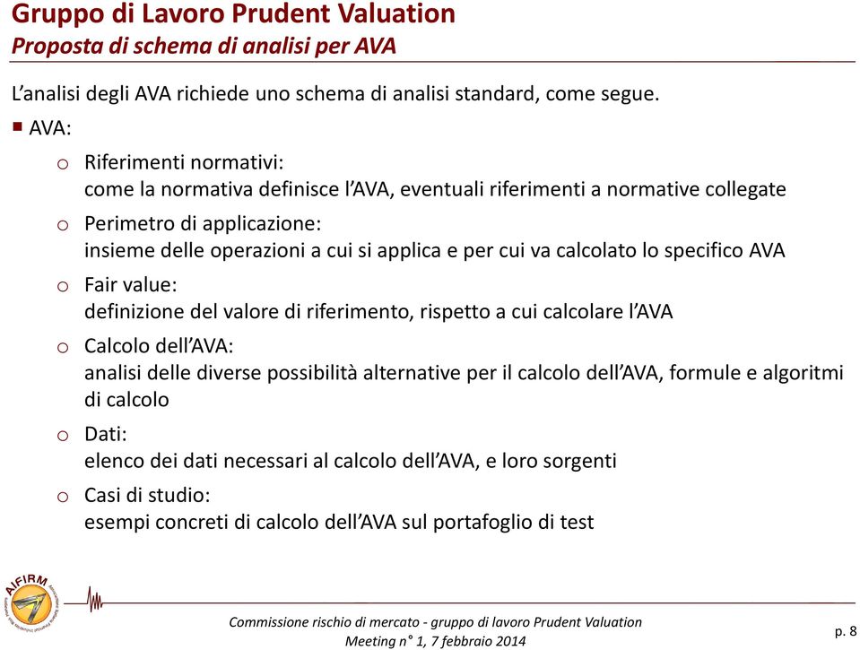 applica e per cui va calcolato lo specifico AVA o Fair value: definizione del valore di riferimento, rispetto a cui calcolare l AVA o Calcolo dell AVA: analisi delle