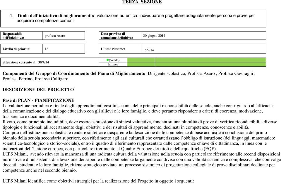 ssa Asaro Data prevista di attuazione definitiva: 30 giugno 2014 Livello di priorità: 1 Ultimo riesame: 15/9/14 Situazione corrente al 30/4/14 (Verde) In linea Componenti del Gruppo di Coordinamento