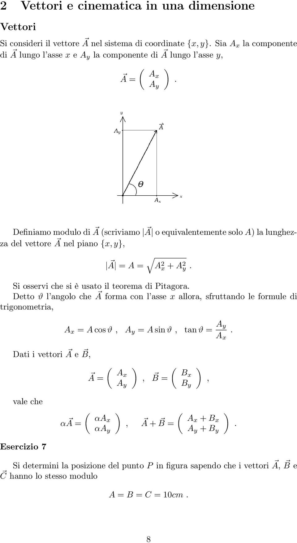 A y Definiamo modulo di A (scriviamo A o equivalentemente solo A) la lunghezza del vettore A nel piano {x, y}, A = A = A 2 x + A 2 y. Si osservi che si è usato il teorema di Pitagora.