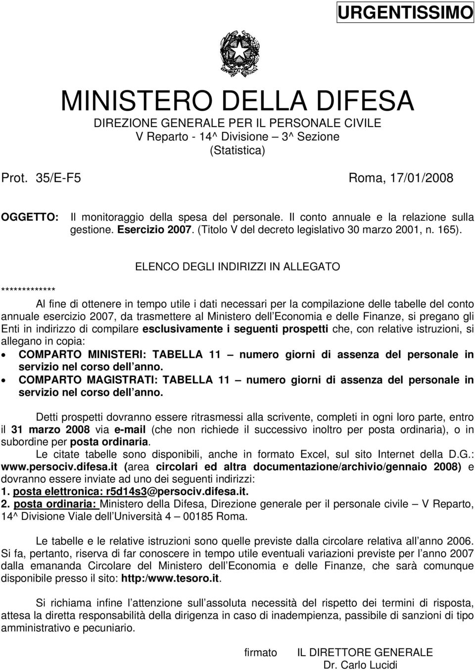 ELENCO DEGLI INDIRIZZI IN ALLEGATO ************* Al fine di ottenere in tempo utile i dati necessari per la compilazione delle tabelle del conto annuale esercizio 2007, da trasmettere al Ministero