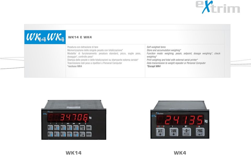 a ripetitori o Personal Computer *escluso WK4 Self-weighed tares Store and accumulation weighing* Function mode: weighing, peack, setpoint, dosage