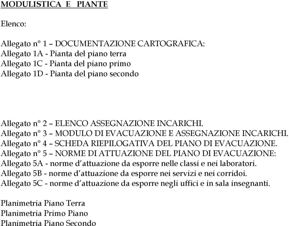 Allegato n 5 NORME DI ATTUAZIONE DEL PIANO DI EVACUAZIONE: Allegato 5A - norme d attuazione da esporre nelle classi e nei laboratori.