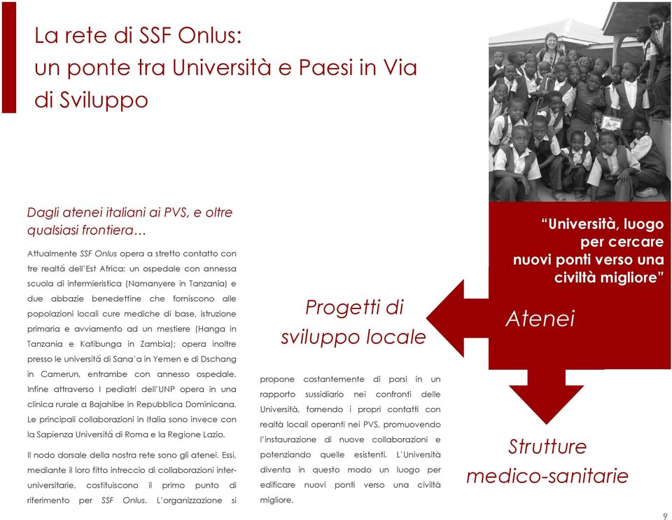 avviamento ad un mestiere (Hanga in Tanzania e Katibunga in Zambia); opera inoltre presso le università di Sana a in Yemen e di Dschang in Camerun, entrambe con annesso ospedale.