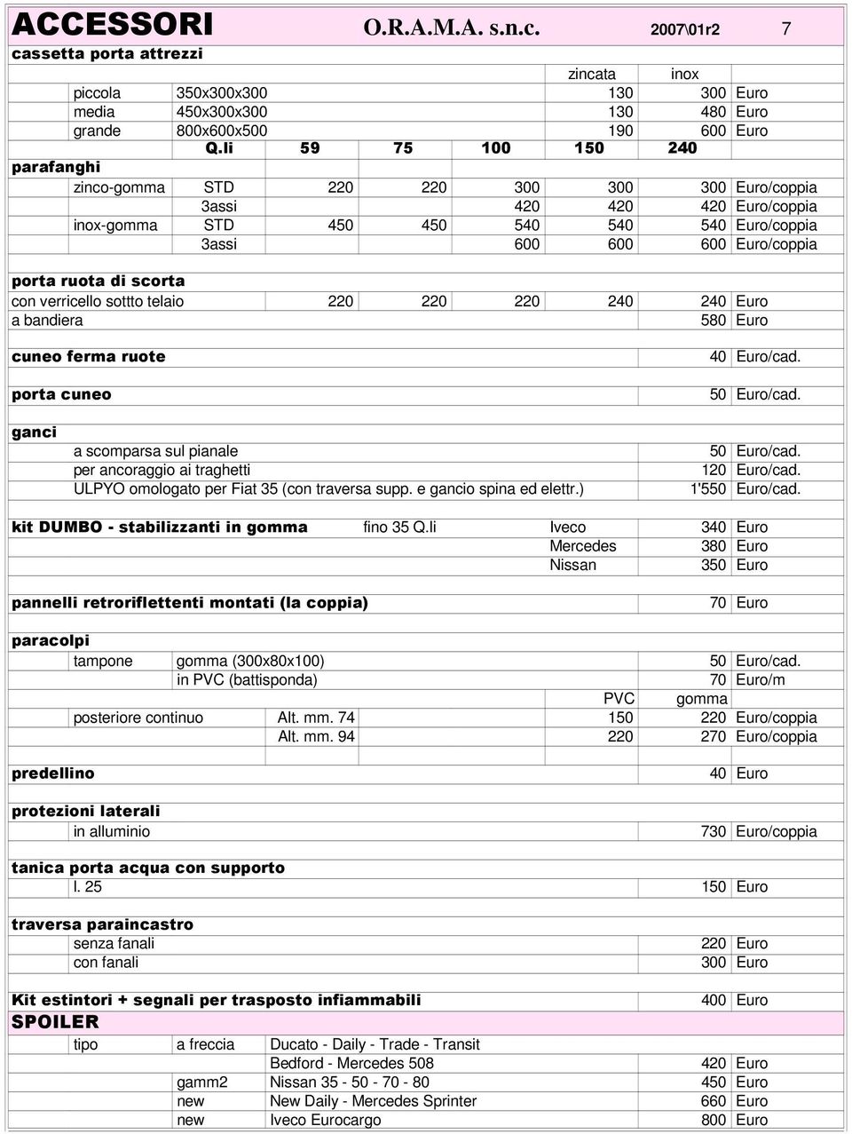 di scorta con verricello sottto telaio 220 220 220 240 240 Euro a bandiera 580 Euro cuneo ferma ruote porta cuneo 40 Euro/cad. 50 Euro/cad.