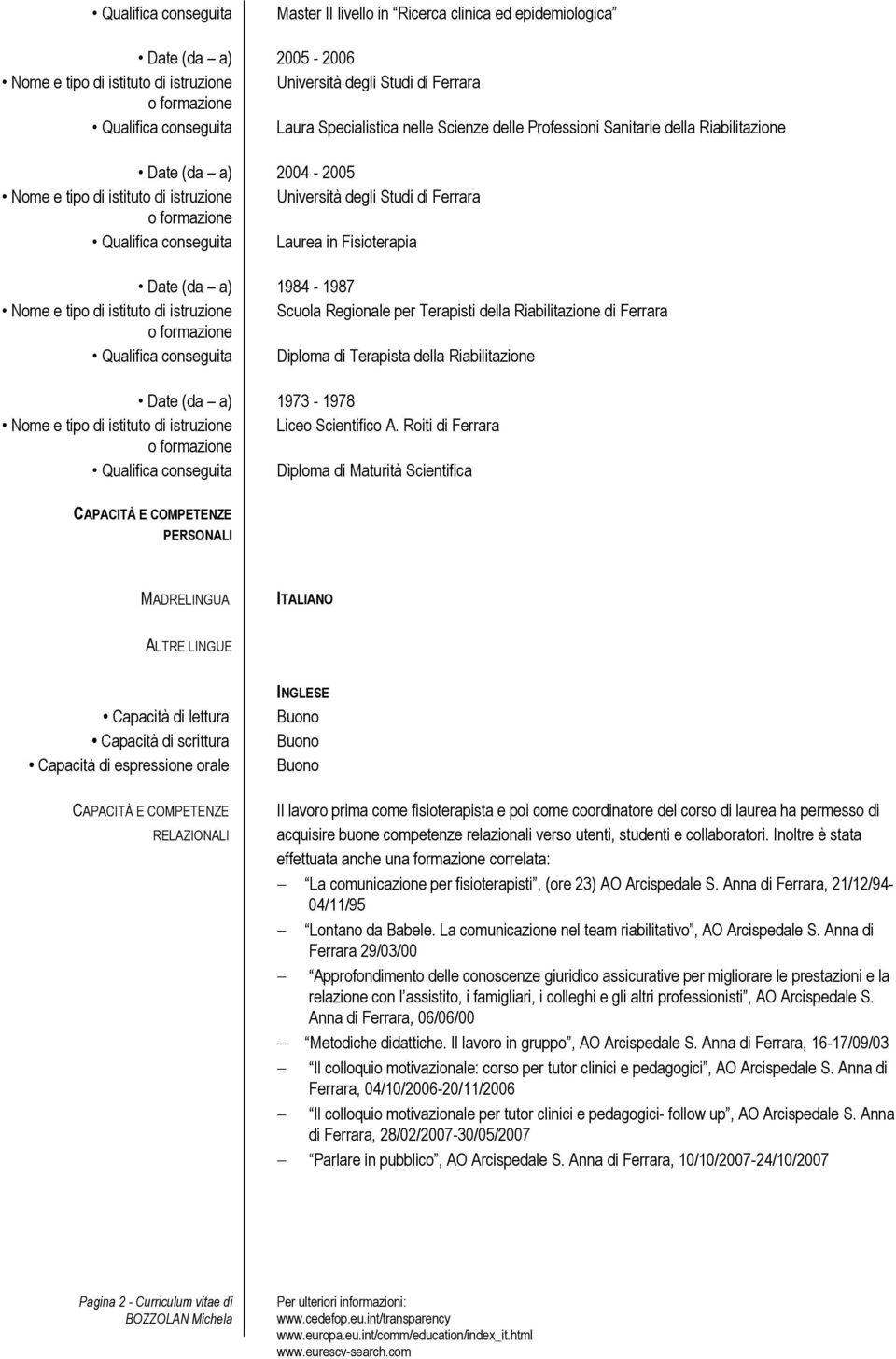 in Fisioterapia Date (da a) 1984-1987 Nome e tipo di istituto di istruzione Scuola Regionale per Terapisti della Riabilitazione di Ferrara Qualifica conseguita Diploma di Terapista della