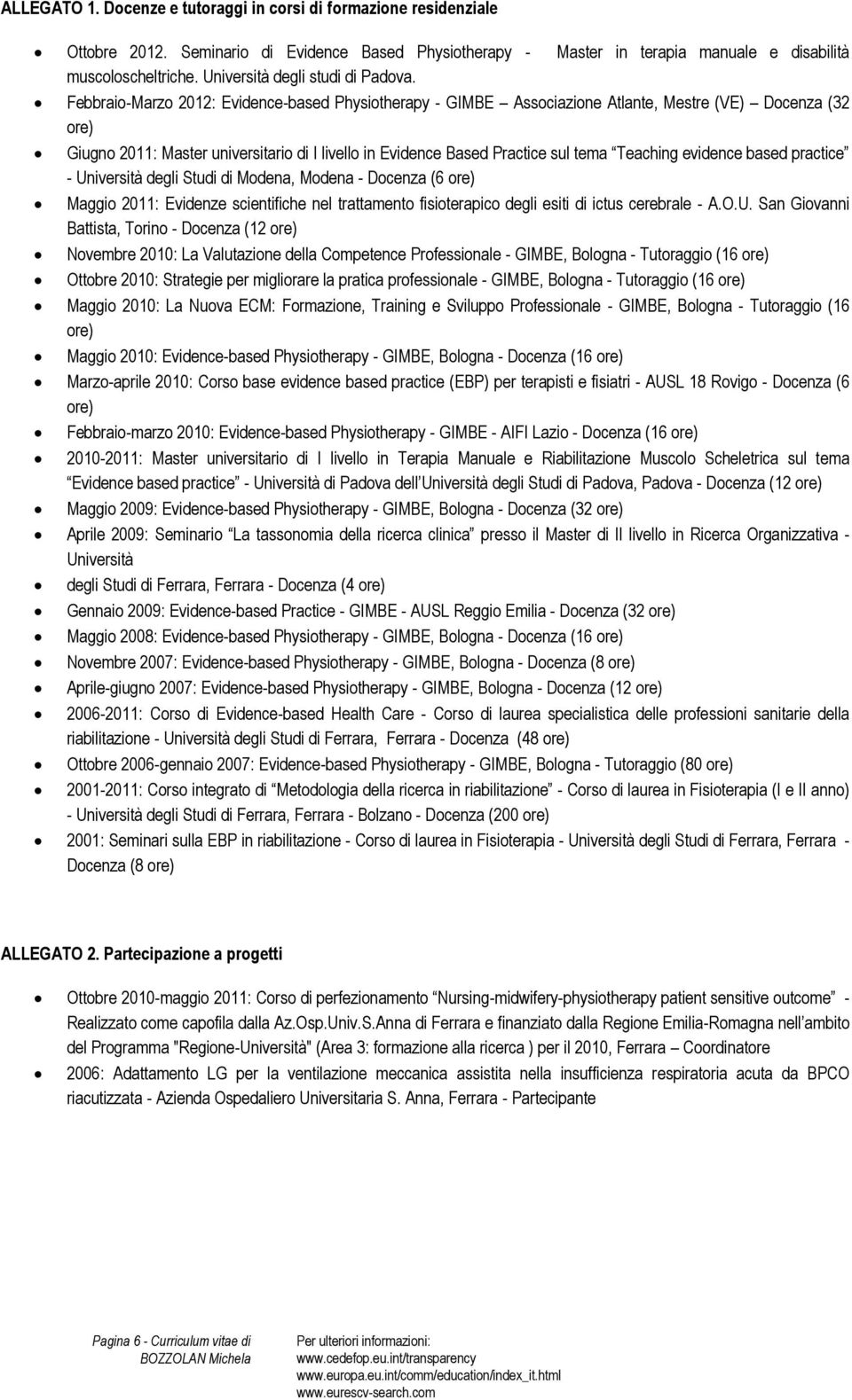 Febbraio-Marzo 2012: Evidence-based Physiotherapy - GIMBE Associazione Atlante, Mestre (VE) Docenza (32 ore) Giugno 2011: Master universitario di I livello in Evidence Based Practice sul tema