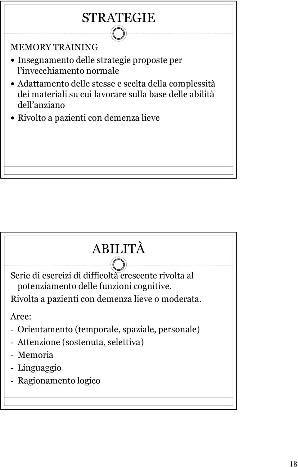 esercizi di difficoltà crescente rivolta al potenziamento delle funzioni cognitive. Rivolta a pazienti con demenza lieve o moderata.