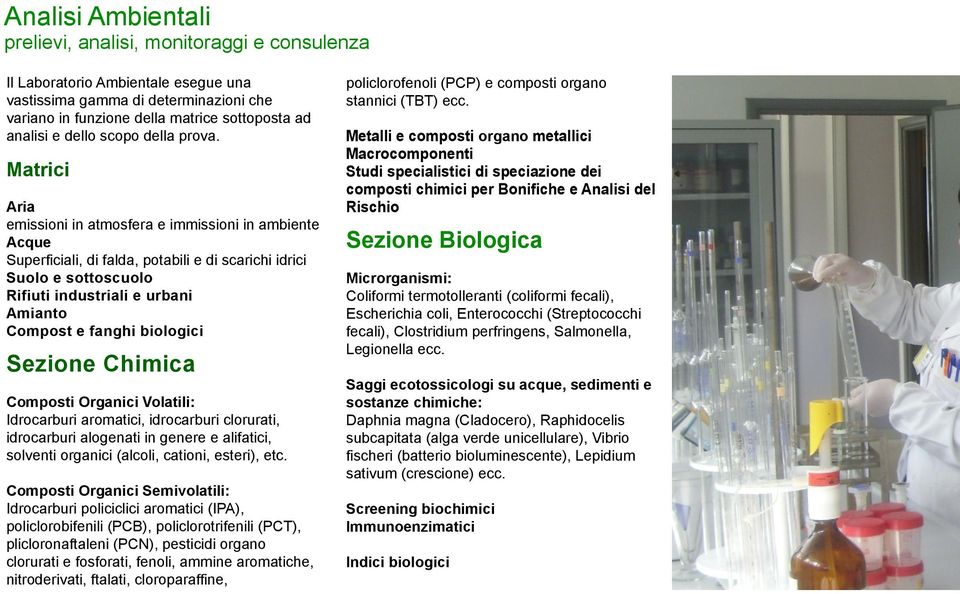 Matrici Aria emissioni in atmosfera e immissioni in ambiente Acque Superficiali, di falda, potabili e di scarichi idrici Suolo e sottoscuolo Rifiuti industriali e urbani Amianto Compost e fanghi