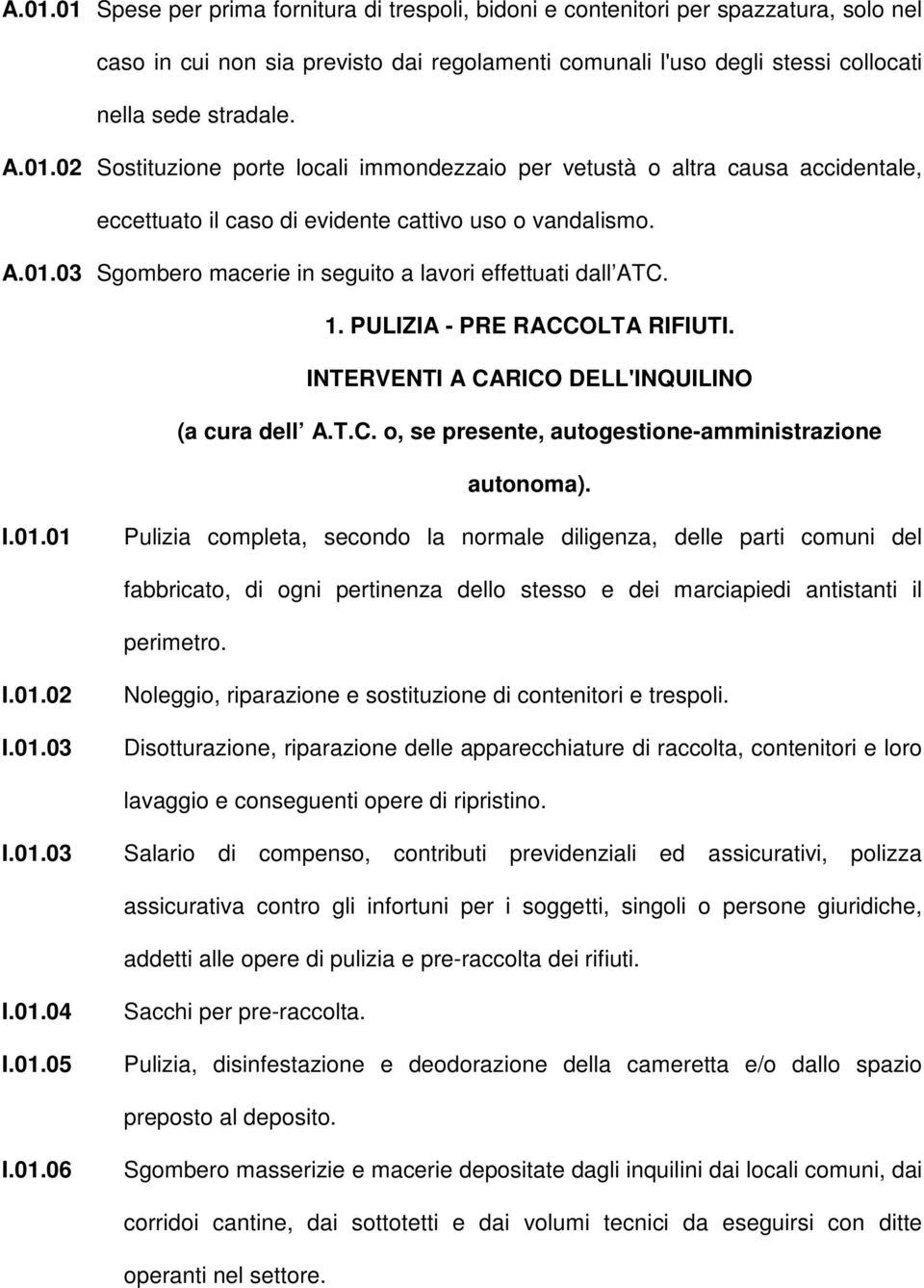 1. PULIZIA - PRE RACCOLTA RIFIUTI. INTERVENTI A CARICO DELL'INQUILINO (a cura dell A.T.C. o, se presente, autogestione-amministrazione autonoma). I.01.