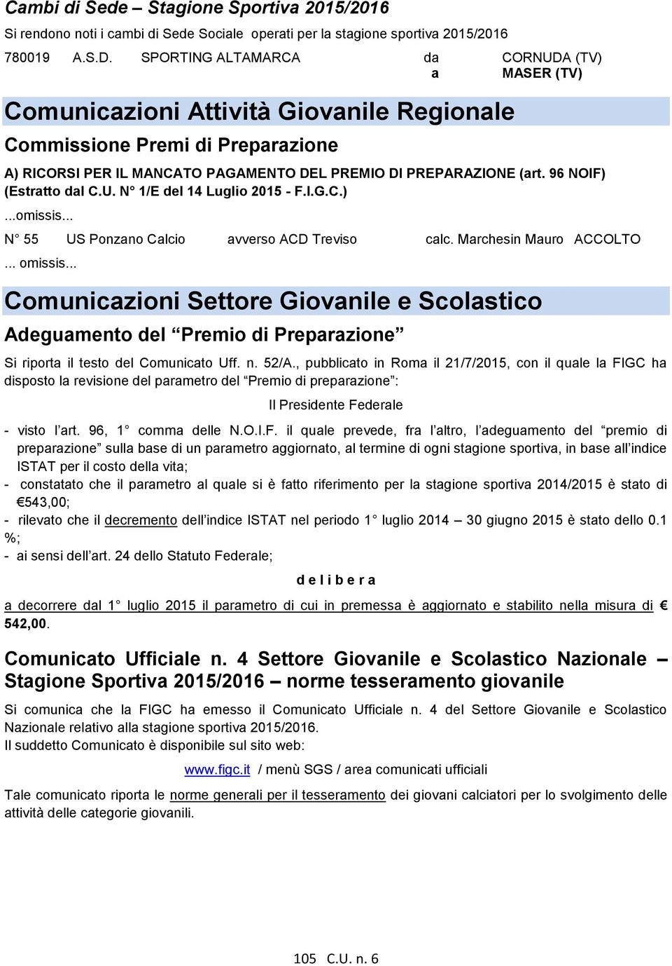 96 NOIF) (Estratto dal C.U. N 1/E del 14 Luglio 2015 - F.I.G.C.)...omissis... N 55 US Ponzano Calcio avverso ACD Treviso calc. Marchesin Mauro ACCOLTO... omissis.