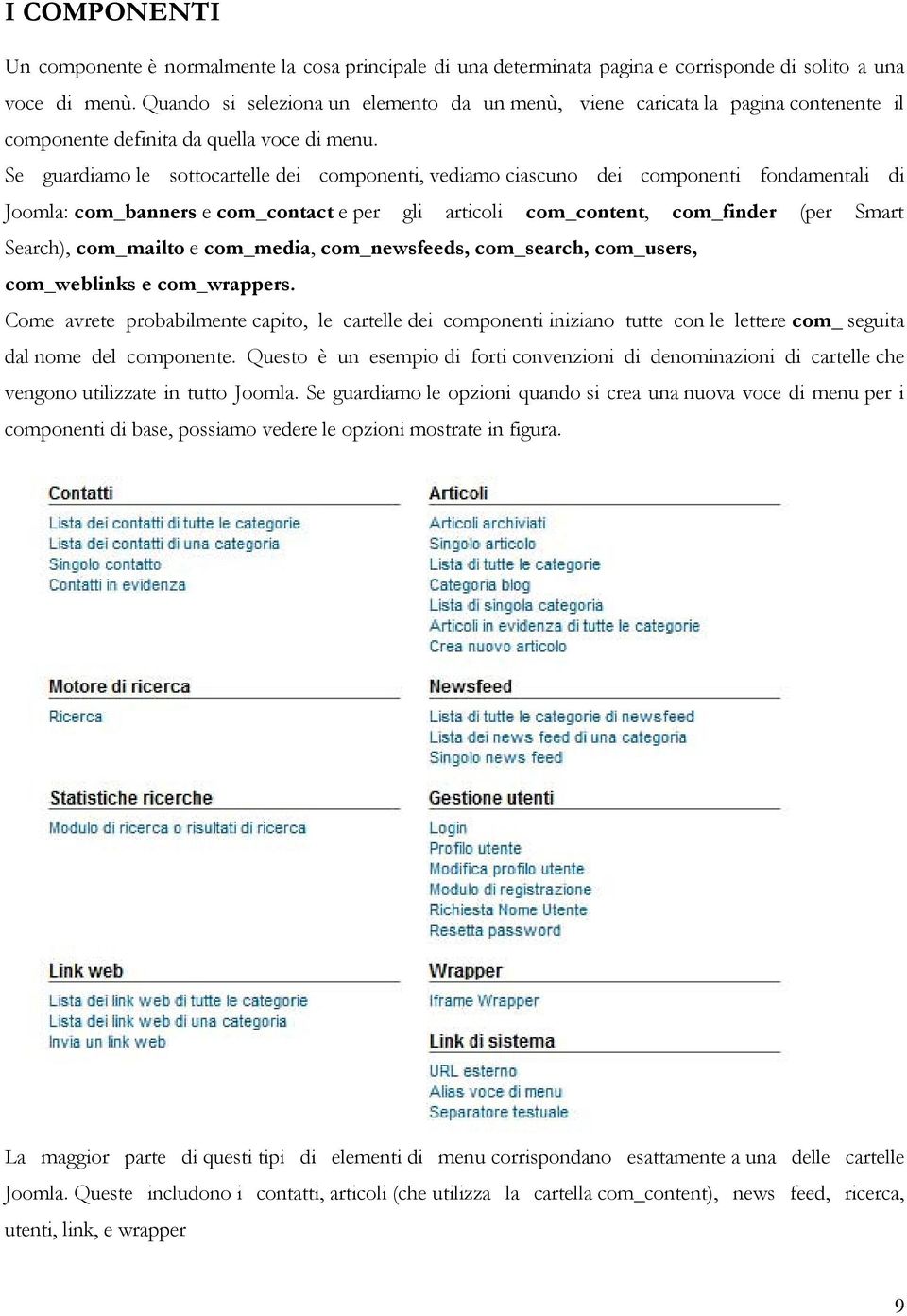 Se guardiamo le sottocartelle dei componenti, vediamo ciascuno dei componenti fondamentali di Joomla: com_banners e com_contact e per gli articoli com_content, com_finder (per Smart Search),