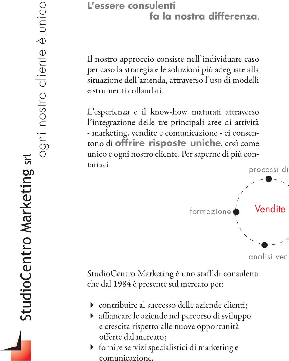 L esperienza e il know-how maturati attraverso l integrazione delle tre principali aree di attività - marketing, vendite e comunicazione - ci consentono di offrire risposte uniche, così come unico è