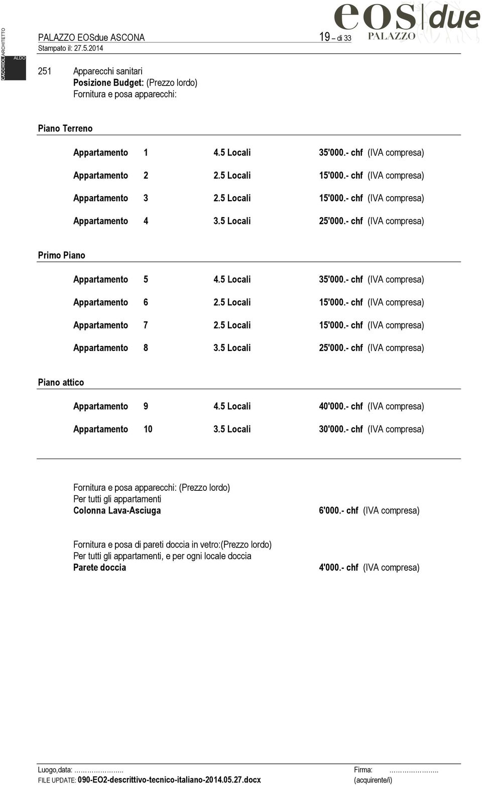 - chf (IVA compresa) Primo Piano Appartamento 5 4.5 Locali 35'000.- chf (IVA compresa) Appartamento 6 2.5 Locali 15'000.- chf (IVA compresa) Appartamento 7 2.5 Locali 15'000.- chf (IVA compresa) Appartamento 8 3.