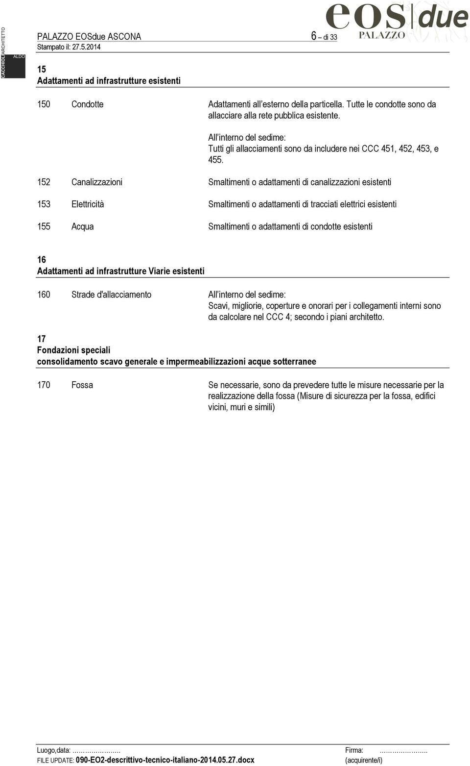 152 Canalizzazioni Smaltimenti o adattamenti di canalizzazioni esistenti 153 Elettricità Smaltimenti o adattamenti di tracciati elettrici esistenti 155 Acqua Smaltimenti o adattamenti di condotte