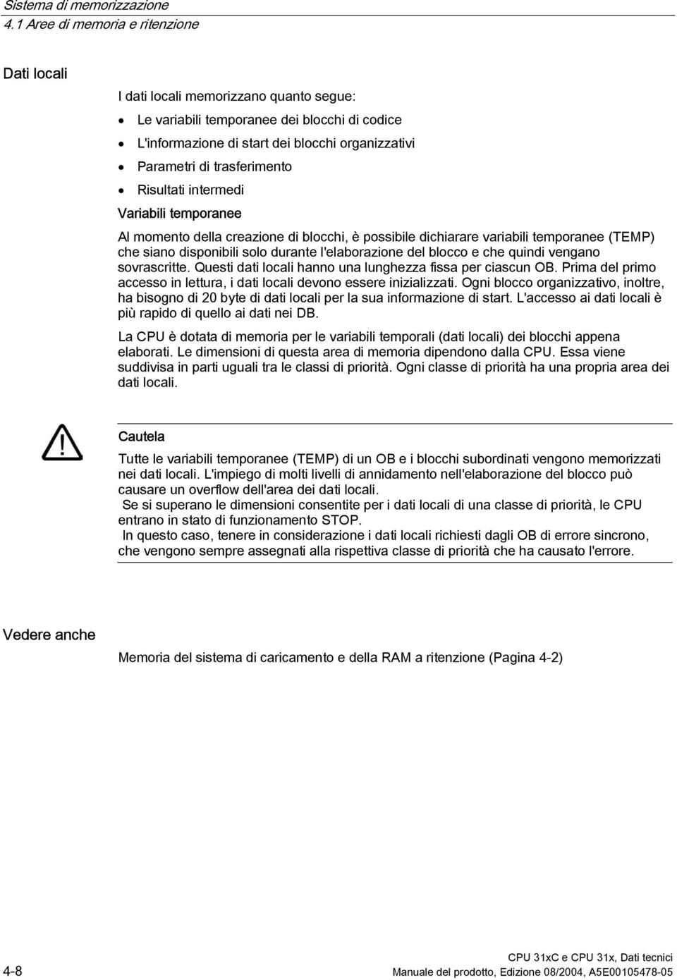 blocco e che quindi vengano sovrascritte. Questi dati locali hanno una lunghezza fissa per ciascun OB. Prima del primo accesso in lettura, i dati locali devono essere inizializzati.