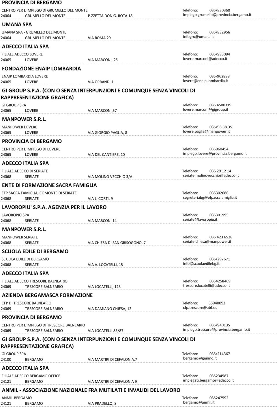 DI SERIATE ENTE DI FORMAZIONE SACRA FAMIGLIA EFP SACRA FAMIGLIA, COMONTE DI SERIATE LAVOROPIÙ SPA VIA MARCONI,57 VIA GIORGIO PAGLIA, 8 VIA DEL CANTIERE, 10 VIA MOLINO VECCHIO 3/A VIA L.