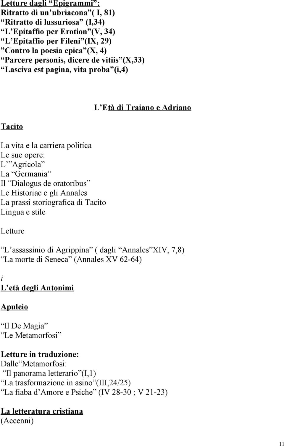 La prassi storiografica di Tacito Lingua e stile Letture L Età di Traiano e Adriano L assassinio di Agrippina ( dagli Annales XIV, 7,8) La morte di Seneca (Annales XV 62-64) i L età degli Antonimi