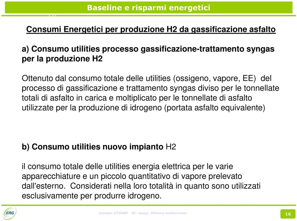 moltiplicato per le tonnellate di asfalto utilizzate per la produzione di idrogeno (portata asfalto equivalente) b) Consumo utilities nuovo impianto H2 il consumo totale delle utilities