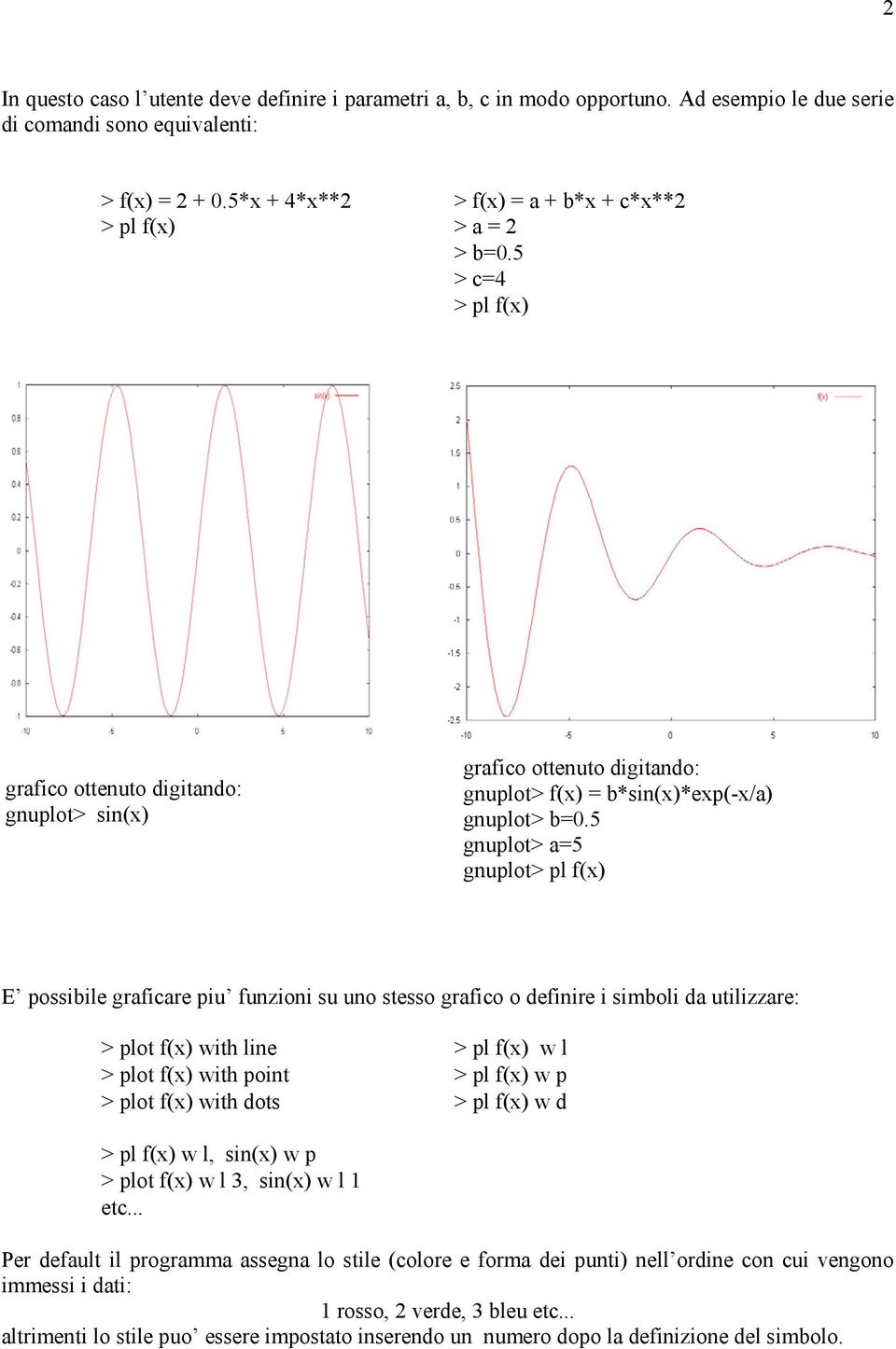 5 > c=4 > pl f(x) grafico ottenuto digitando: gnuplot> sin(x) grafico ottenuto digitando: gnuplot> f(x) = b*sin(x)*exp(-x/a) gnuplot> b=0.