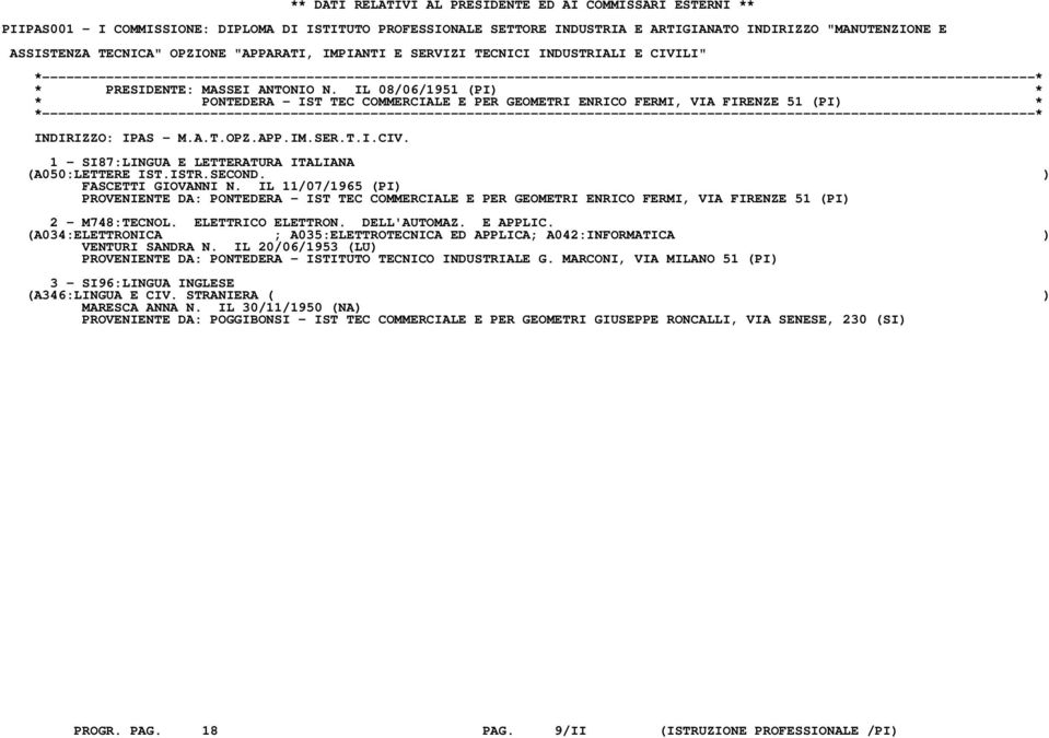 IL 08/06/1951 (PI) * * PONTEDERA - IST TEC COMMERCIALE E PER GEOMETRI ENRICO FERMI, VIA FIRENZE 51 (PI) * INDIRIZZO: IPAS - M.A.T.OPZ.APP.IM.SER.T.I.CIV.