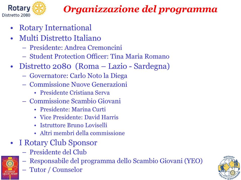 Cristiana Serva Commissione Scambio Giovani Presidente: Marina Curti Vice Presidente: David Harris Istruttore Bruno Loviselli Altri