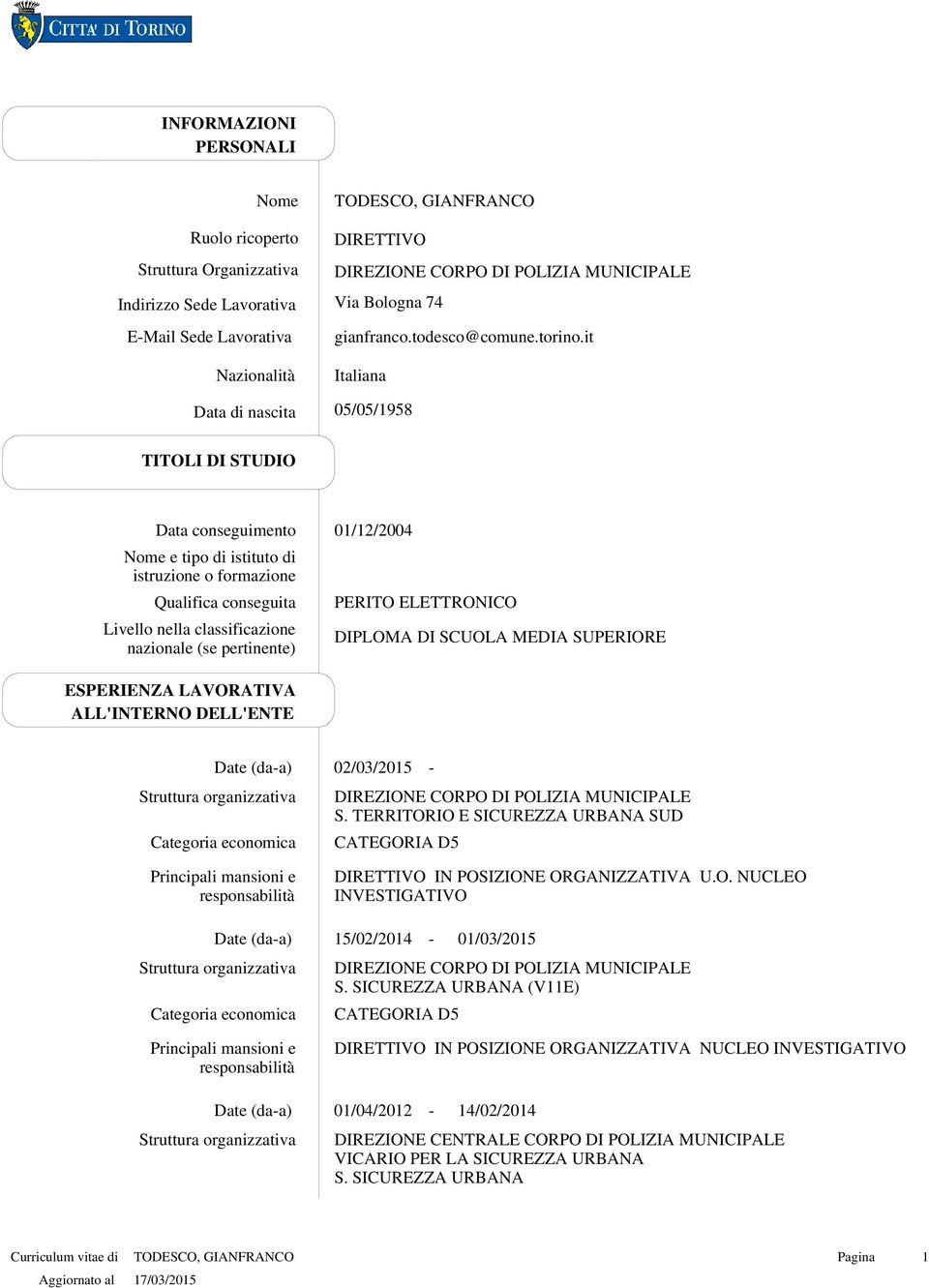 it Italiana 05/05/1958 TITOLI DI STUDIO Qualifica conseguita Livello nella classificazione nazionale (se pertinente) 01/12/2004 PERITO ELETTRONICO