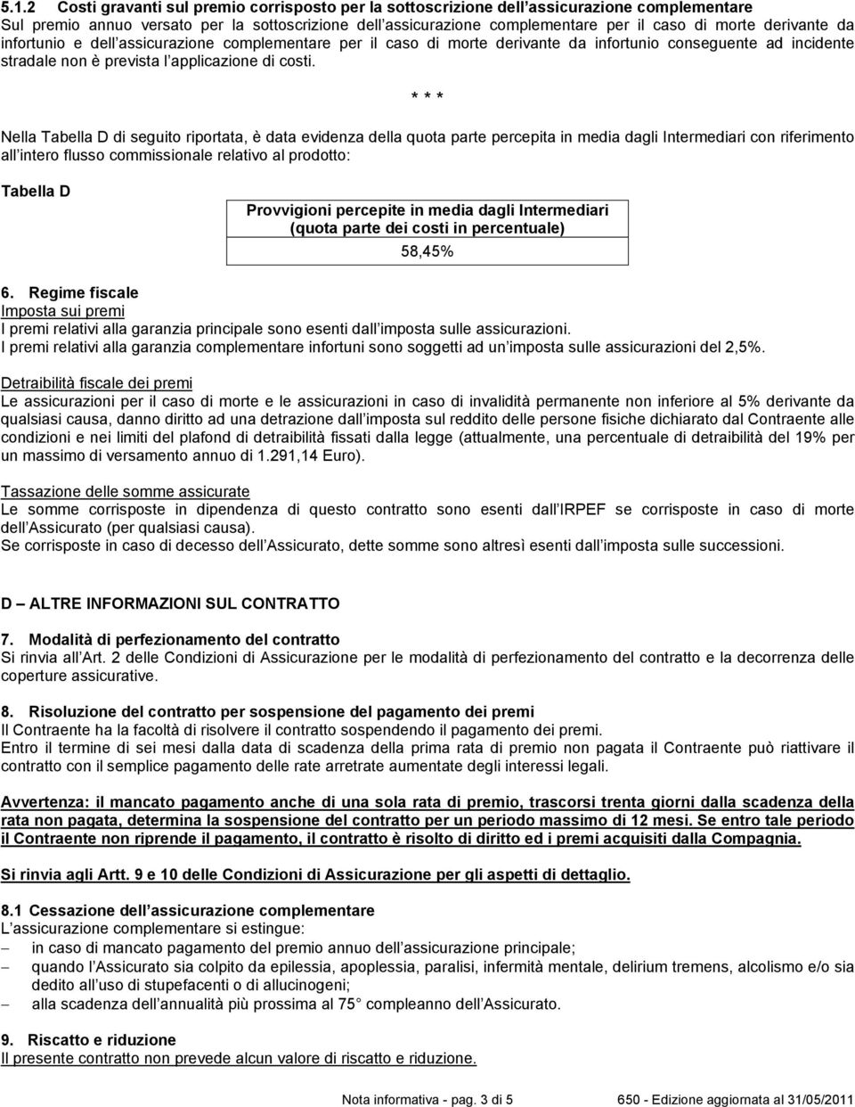 * * * Nella Tabella D di seguito riportata, è data evidenza della quota parte percepita in media dagli Intermediari con riferimento all intero flusso commissionale relativo al prodotto: Tabella D