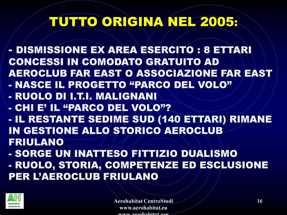 - IL RESTANTE SEDIME SUD (140 ETTARI) RIMANE IN GESTIONE ALLO STORICO AEROCLUB FRIULANO - SORGE UN