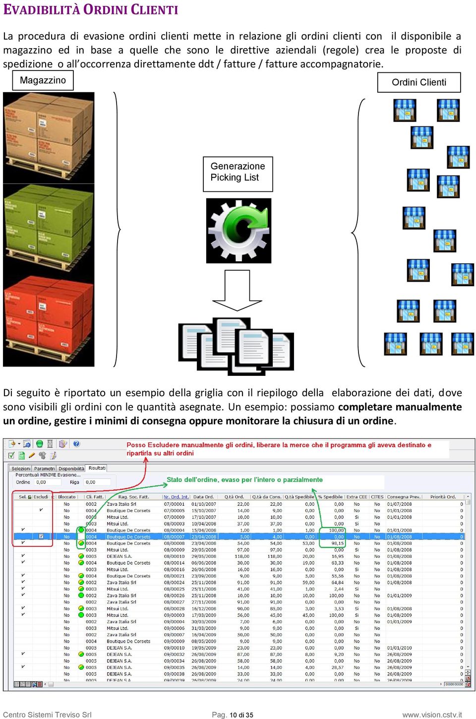 Magazzino Ordini Clienti Generazione Picking List Di seguito è riportato un esempio della griglia con il riepilogo della elaborazione dei dati, dove sono visibili gli